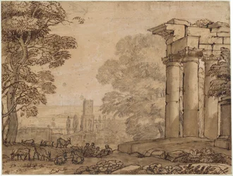 Paisaje con Ruinas, Figuras Pastorales y Árboles