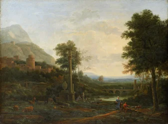 Paisaje con columna y figuras