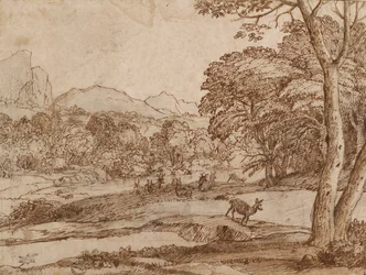 Paisaje con una manada de ciervos