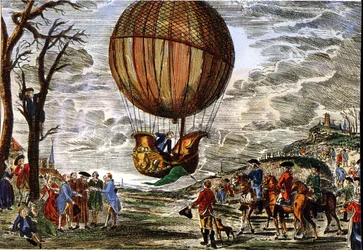 Vuelo de un globo aerostático bajo la mirada del duque de Chartres en 1783, grabado