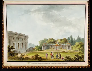 Vista del Juego de Bague, de su Galería, y de una de las Fachadas del Castillo, del álbum El Castillo y los Jardines de la Reina en el Petit Trianon, encargado por María Antonieta, por el arquitecto Richard Mique