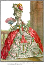 Vestido de corte francés con amplios paniers, 1778