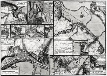 Fol.7 y 98 Mapa de las ciudades y castillos situados a lo largo del río Charente en 1714, del Recueil des Plans de Saintonge