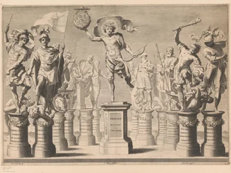 Alegoría en honor a la Casa de Saboya con figuras legendarias sobre pedestales