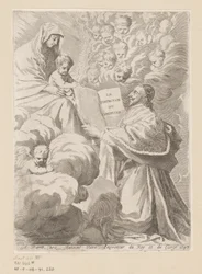 Armand-Jean du Plessis duque de Richelieu presenta un libro a María con el Niño Página de título para: Armand-Jean du Plessis Duque de Richelieu, Traité de la perfeccion du chrétien