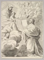 Cardenal Richelieu, arrodillado, presenta su libro a la Virgen y el Niño, ca. 1646