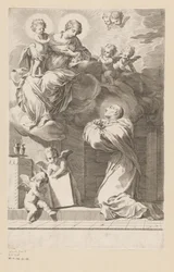 H. Bernard arrodillado ante una aparición de la Virgen y el Niño Portada para: San Bernardo, Divi Bernardi Abbatis (...), 1640