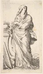 Mujer con túnica de pie junto a un pedestal, su mano derecha sostiene una rama de palma, un arpa, ca. 1620-88