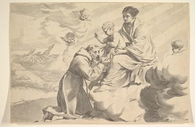 San Francisco de Asís adorando al Niño Jesús en el regazo de la Virgen