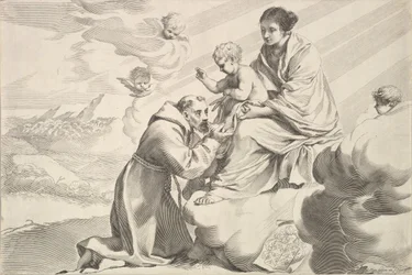 San Francisco de Asís adorando al Niño Jesús en el regazo de la Virgen