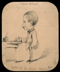 Caricatura de un hombre de pie junto a un escritorio (recto); Boceto de cabeza masculina de perfil (verso)