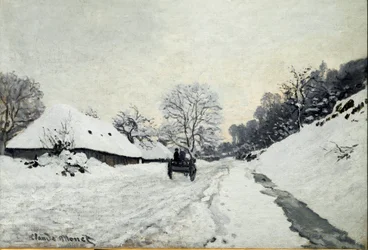 Carro, camino bajo la nieve en Honfleur