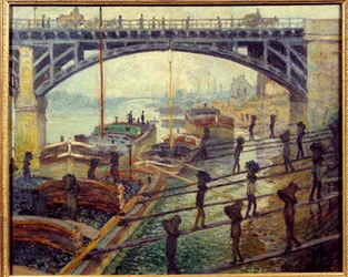 Descargadores de carbón descargando mercancías de las cabañas en las orillas del Sena