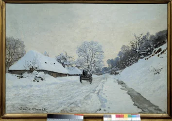 La carreta, camino bajo la nieve en Honfleur en 1867, pintura de Claude Monet (1840-1926). 1867. Dimensiones: 0,65 x 0,92 m. París, Museo de Orsay