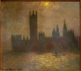 Londres, el Parlamento, efecto de sol en la niebla