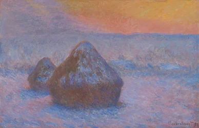 Montones de trigo al atardecer, efecto de nieve