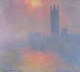 Las Casas del Parlamento, Londres, con el sol rompiendo la niebla