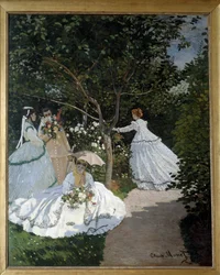 Mujeres en el jardín en la Ciudad de Avray. Grupo de jóvenes mujeres en un jardín de flores. Pintura de Claude Monet (1840-1926). 1867. Dim. 2,55 x 2,05 m. París, Museo de Orsay