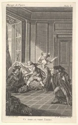 Un hombre acurrucado en una silla mira hacia otro hombre que se le acerca desde la izquierda, ca. 1784