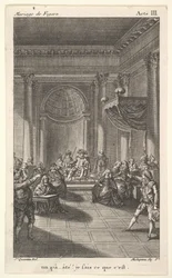 Un hombre sentado en una silla en una plataforma escalonada sostiene una audiencia, dos hombres señalando de pie, ca. 1784