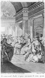 Le mariage de Figaro de Beaumarchais, acto IV. Dibujo de St. Quentin, grabado de Malapeau