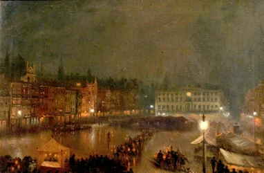 Desfile nocturno de antorchas de los Rifles de Robin Hood, Plaza del Mercado de Nottingham, 1896
