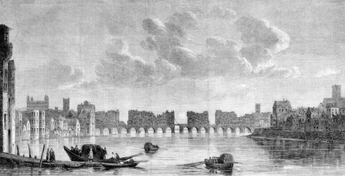 El viejo puente de Londres destruido por el gran incendio de 1666. Grabado de una pintura de Claude de Jongh (1650) en el Museo de South Kensington