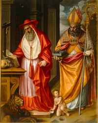 Santos Jerónimo y Agustín de Hipona, Padres de la Iglesia, con una maqueta del Escorial ...