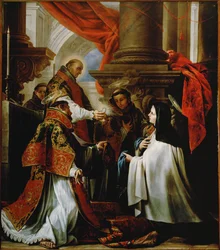 La Comunión de Santa Teresa de Ávila; Petrus de Alcántara ofrece la hostia, San Francisco y San Antonio de Padua asisten como diáconos (pintura sobre lienzo)