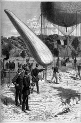 Aerostatos militares: experiencias telefónicas en el establecimiento de Meudon. Grabado por Claverie en "Le Monde Illustré" n°1331 del 30 de septiembre