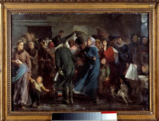 La cola tiene carnicería. Los habitantes hambrientos de París esperan su turno en la casa del carnicero durante la guerra de 1870-1871 contra Prusia. Pintura de Clément Auguste Andrieux (1829-1880)