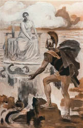 Aquiles invoca a su madre Tetis. Ilustración de Clement Gontier (1876-1918) para "La Ilíada" (Omero) de Homere. París, Henri Laurens