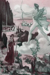 Invocación. La ira de Apolo: El sacerdote Crisés invoca a Apolo, diciendo: "¡Que los griegos sean expulsados, por tus flechas, de las lágrimas que me hacen derramar!" . Ilustración de Clement Gontier (1876-1918) para "La Ilíada" (Omero) de Homere. París, H