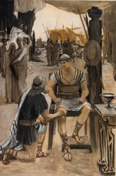 Príamo rachea a Aquiles el cuerpo de su hijo (Héctor). Ilustración de Clement Gontier (1876-1918) para "La Ilíada" (Omero) de Homere. París, Henri Laurens