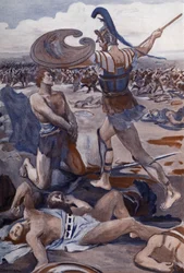 La muerte de Patrocles: Héctor mata a Patrocles. Ilustración de Clement Gontier (1876-1918) para "La Ilíada" (Omero) de Homere. París, Henri Laurens