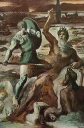 La lucha de Aquiles y el río Escamandro. Ilustración de Clement Gontier (1876-1918) para "La Ilíada" (Omero) de Homere. París, Henri Laurens
