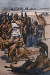 Golpes de Tersita por Ulises. Ilustración de Clement Gontier (1876-1918) para "La Ilíada" (Omero) de Homere. París, Henri Laurens