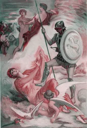 Venus fue herida por Diomede al intentar salvar a su hijo Enee. Ilustración de Clement Gontier (1876-1918) para "La Ilíada" (Omero) de Homere. París, Henri Laurens