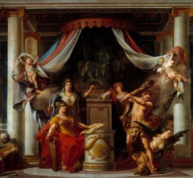 Alegoría de la Revolución: en el centro Minerva entrega a Hércules el decreto que abole los vicios del Antiguo Régimen. Pintura de Clement Belle (1722-1806) 1794