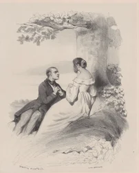 Hombre proponiendo a una mujer cuyo rostro está oculto por el cabello, ca. 1830-65