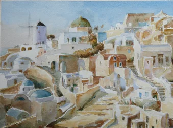 Santorini Oia - Sol de última hora de la tarde, 2022 (acuarela)