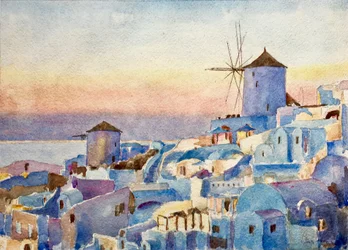 Santorini Oia - puesta de sol, tiempo de iluminación, 2018 (acuarela)