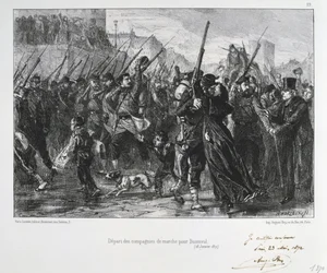 Guerra franco-prusiana 1870-1871: batalla de Buzenval (Mont Valérien), cerca de Versalles, 19 de enero de 1871. La Guardia Nacional marchando hacia la batalla y la derrota. De una serie de litografías de Clément-Auguste Andrieux sobre las Guardias