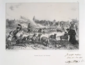 Guerra Franco-Prusiana 1870-1871: Ahuyentando un rebaño de ovejas para evitar que caigan en manos de los prusianos. De una serie de litografías de Clement August Andrieux sobre los Guardias Nacionales.