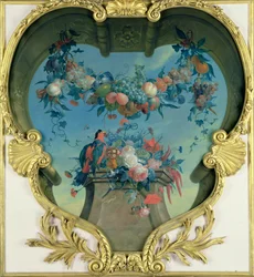 Guirnalda de frutas colgando sobre un pedestal con flores y un loro rojo-verde, c. 1730-31