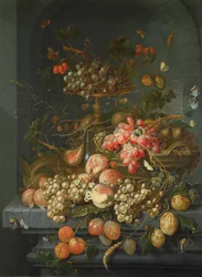 Naturaleza muerta de frutas en un saliente