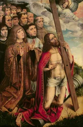 Cristo el Mediador con Felipe el Hermoso (1478-1506) y su séquito, panel izquierdo de un retablo