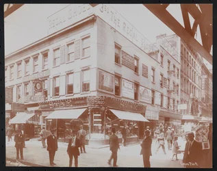 Esquina suroeste de la calle 14 y la avenida 3 mostrando la tienda Star Candies, un dentista, la tienda de zapatos Regal y la Empire Film Co. con peatones, carteles y una viga del ferrocarril elevado de la avenida 3 visible, c.1905
