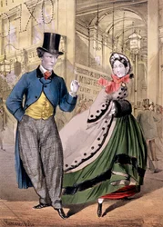 Una dama y un caballero en la entrada del Oxford Music Hall, Oxford St, Westminster, c. 1860