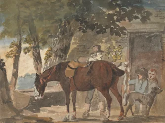 Un caballo, un perro y figuras en el exterior de una casa de campo